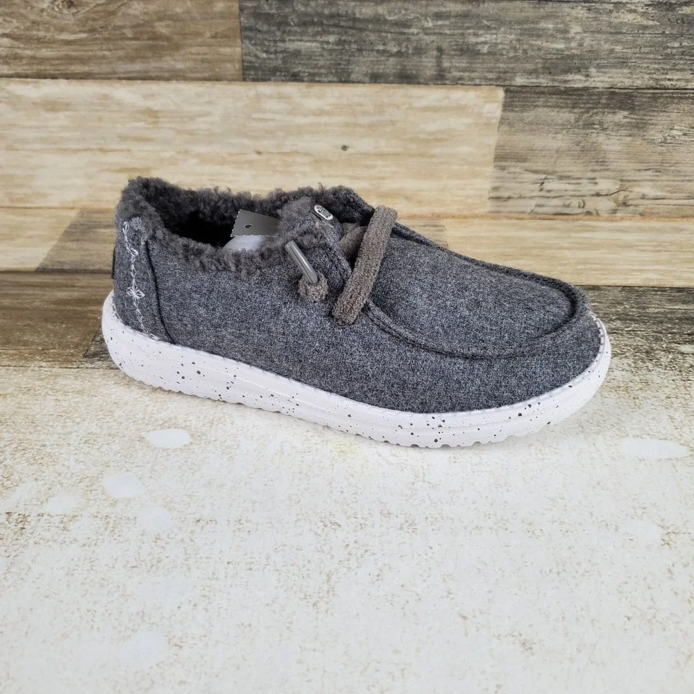 Hey Dude Wendy Wool Cozy Kids Shoes 13 C13 Charcoal White Round Toe Low Top
